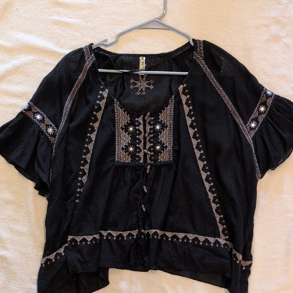Free People Black and Cream Embroidered Blouse